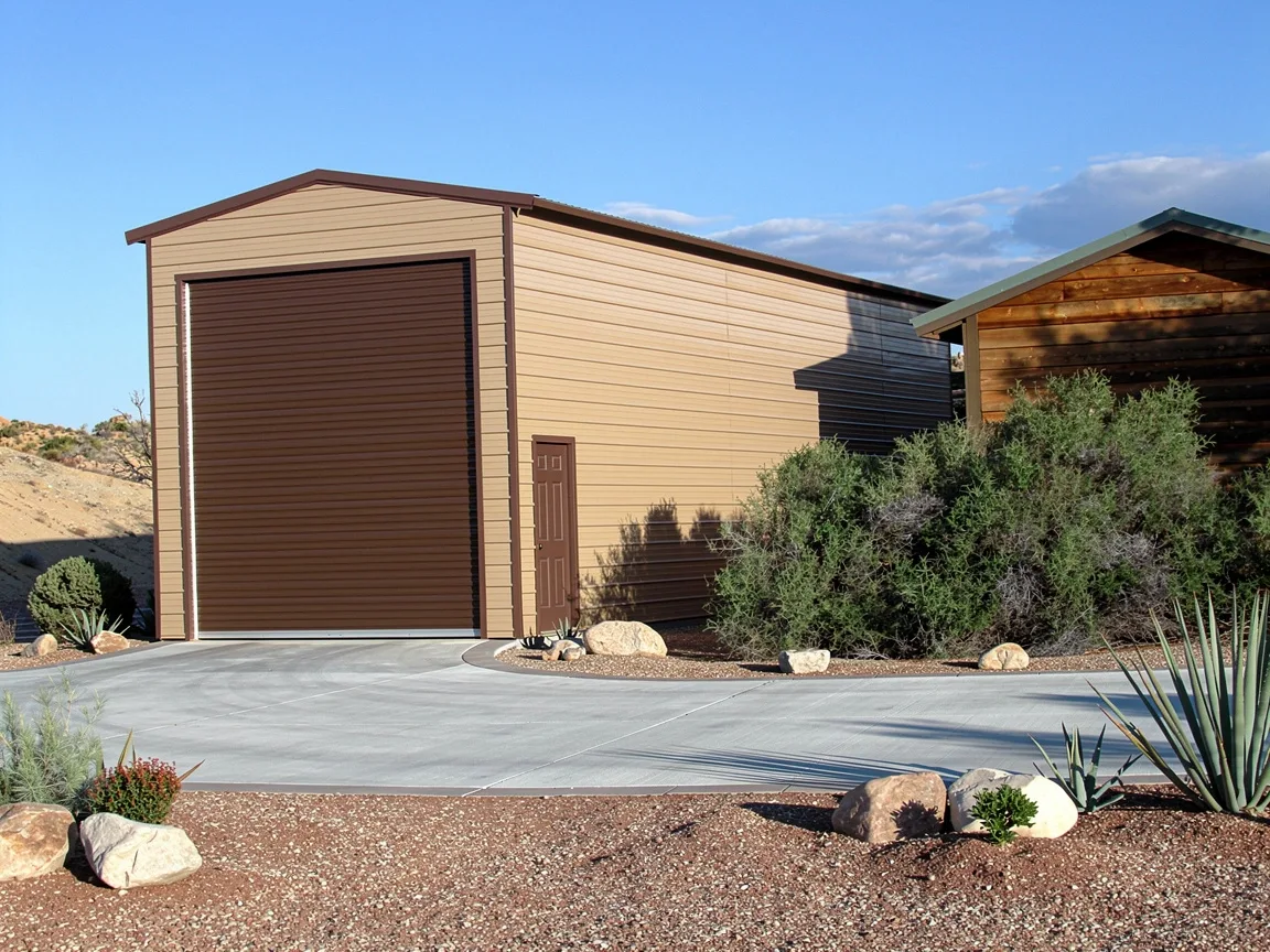 Boxed-eve RV garage adjoining bay