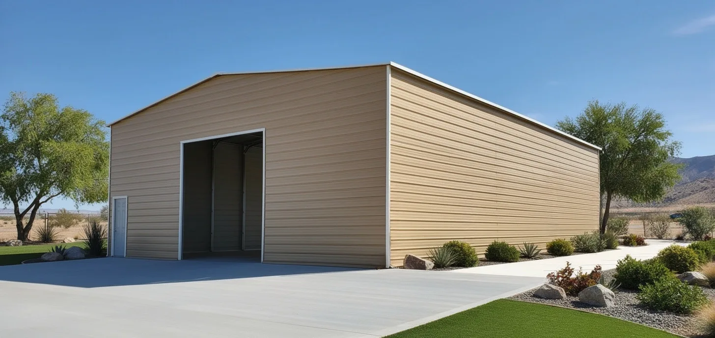Boxed steel building with awning
