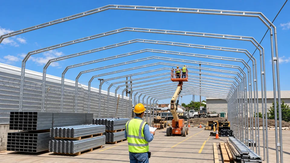 Steel Strux crew installing a steel building frame