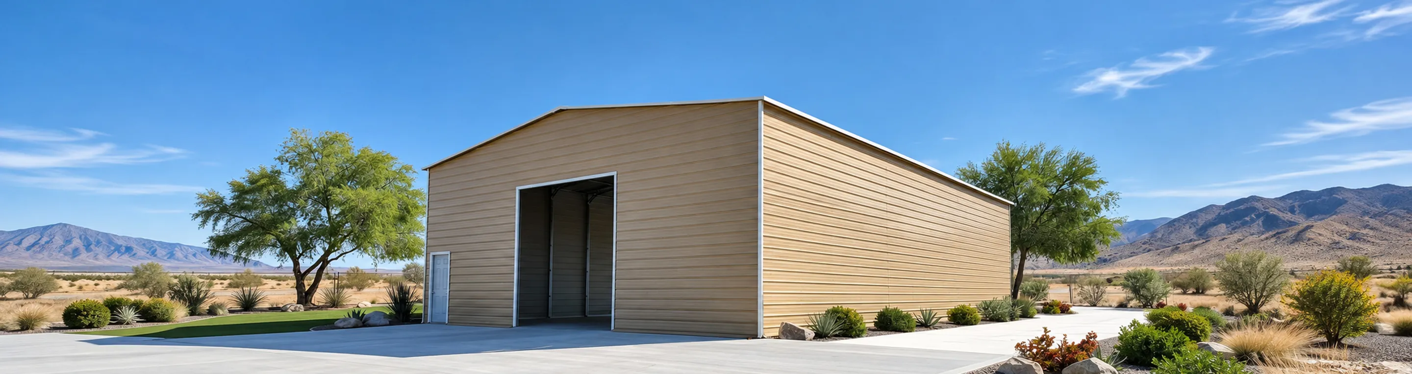 Custom tan steel building with a tall open bay